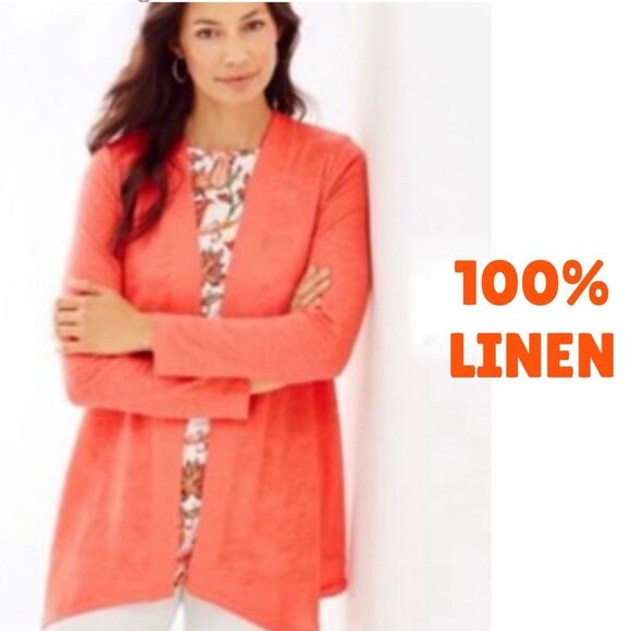 J. JILL LOVE LINEN 100% WOMEN OPEN FRONT KNIT CARDIGAN ORANGE MP. - Picture 1 of 13